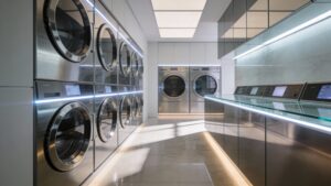 Ultra-photo-realistic compact laundry room with vertical storage solutions, wall-mounted shelves, hidden cabinets, organized hampers, bright natural light, smart space optimization, professional interior design photography, no text, no labels, no logos, 16:9 aspect ratio