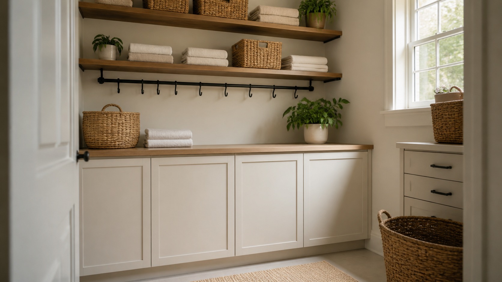 Modern laundry room illustrating affordable storage upgrades with clear work zones and restrained materials