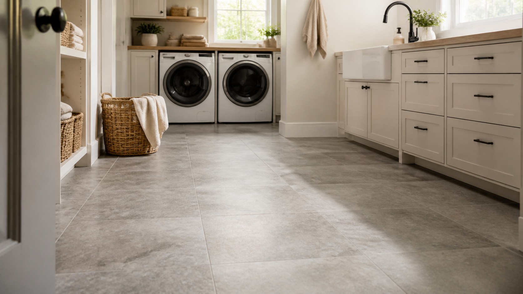 Laundry room with large-format matte stone-look flooring in the foreground, front load washer and dryer, utility sink, cabinetry, and natural daylight.