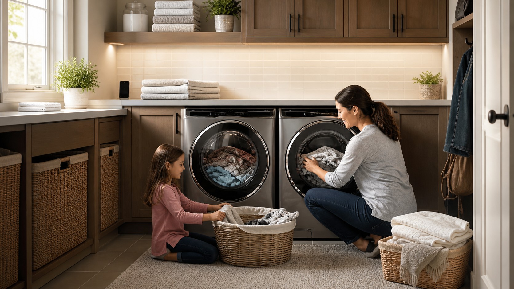 Modern laundry room with smart washer and dryer, folded towels, baskets, and a phone on the counter with no readable display.