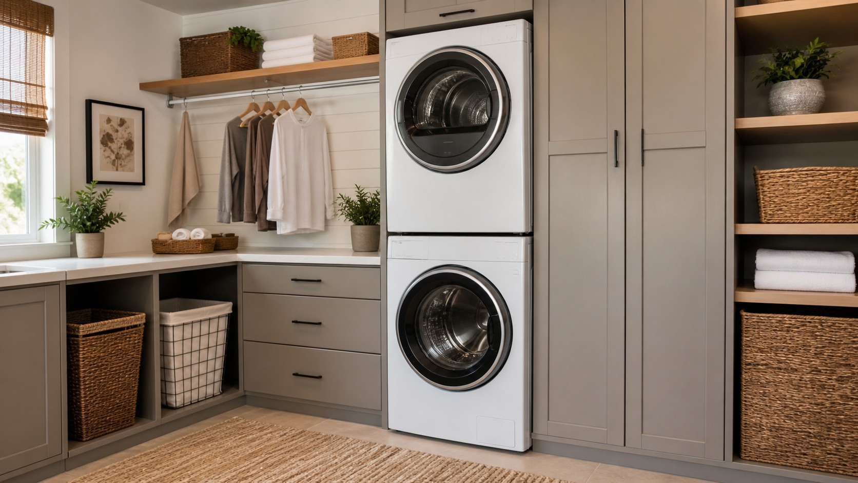 Well organized home laundry wall with a stacked washer dryer system, folding counter, shelves, and baskets.