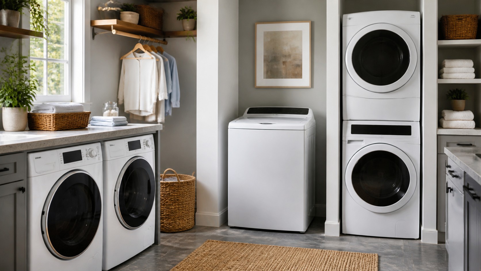 Laundry planning room with front load pair, top load washer, and stacked laundry tower in separate zones.