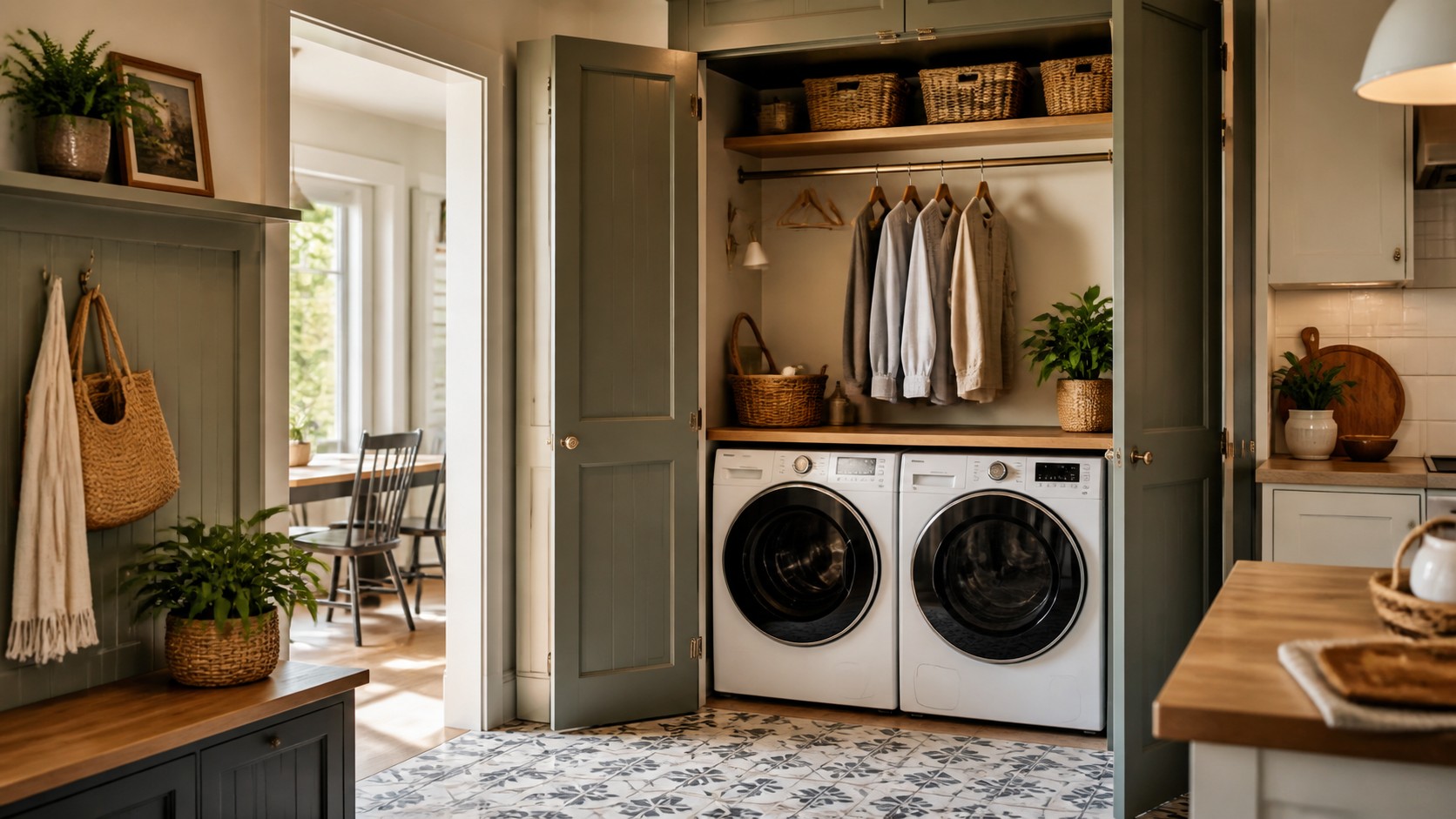 Warm concealed laundry cabinet with open paneled doors, side by side machines, patterned floor tile, baskets, and hanging rail.