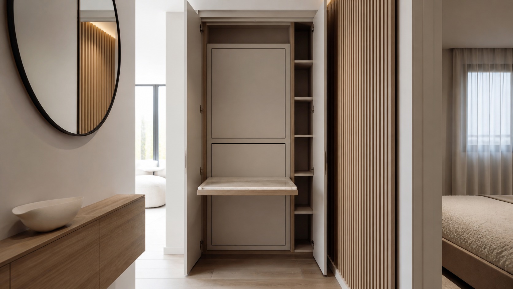 Modern laundry room illustrating compact condo layouts with clear work zones and restrained materials