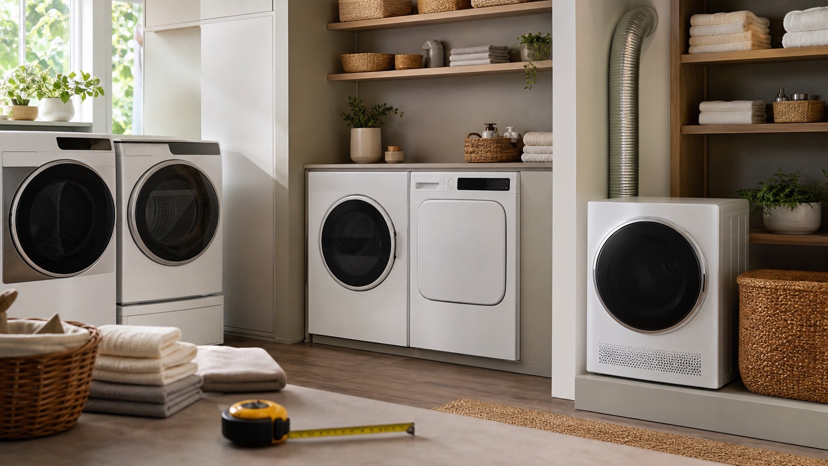Editorial laundry appliance showroom scene with dryer options arranged by utility type and home setting without text.