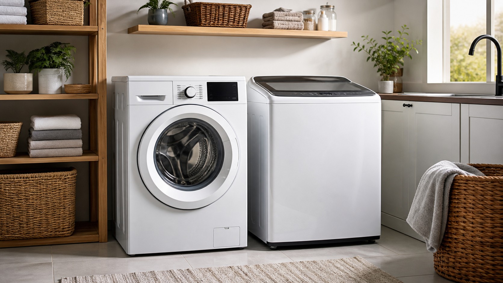 Front load washing machine and top load washing machine side by side in a bright modern laundry room with baskets, shelving, and natural light.
