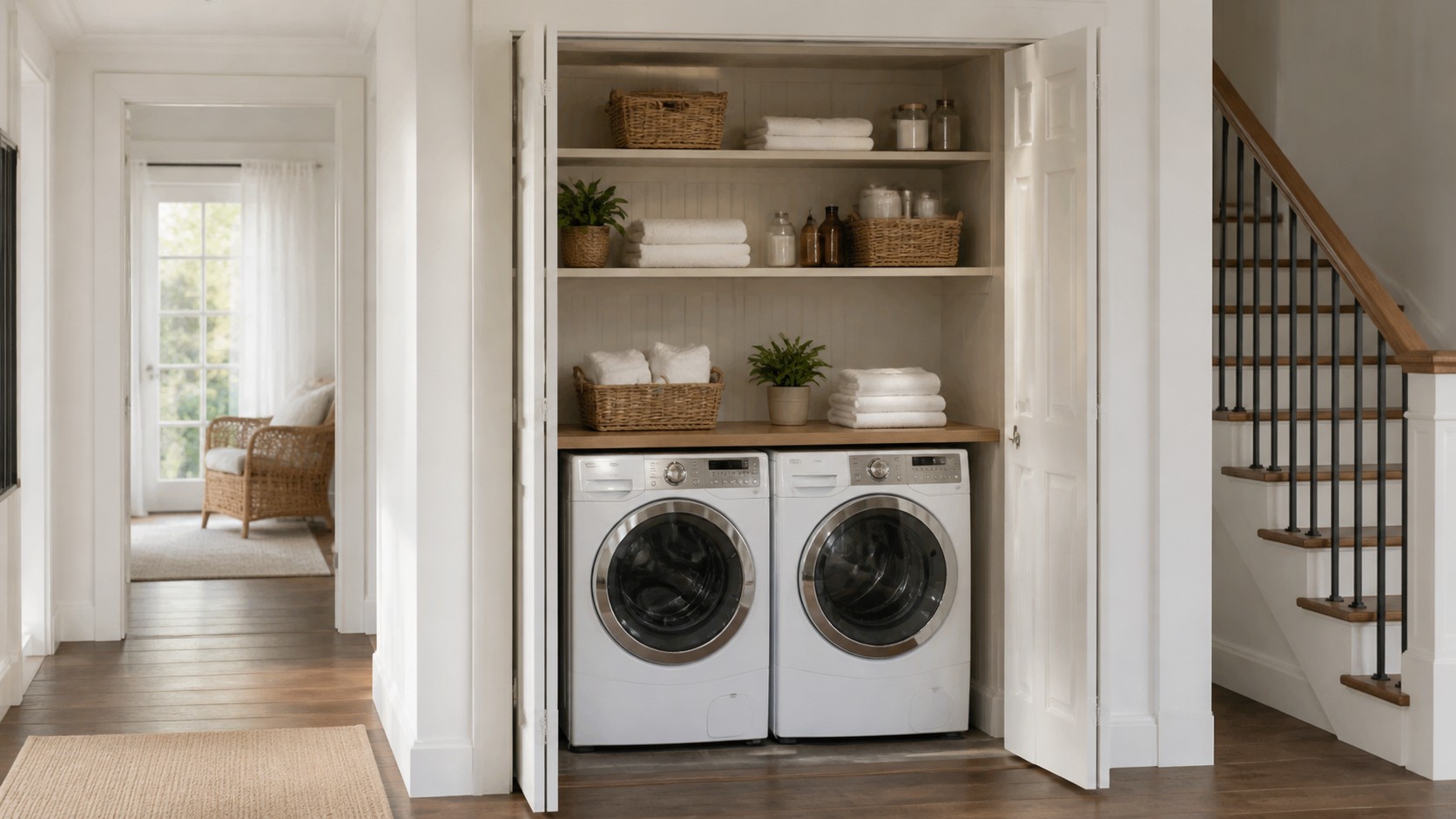 Hidden laundry closet with open doors, stacked shelving, folded towels, and front load machines in a bright hallway.