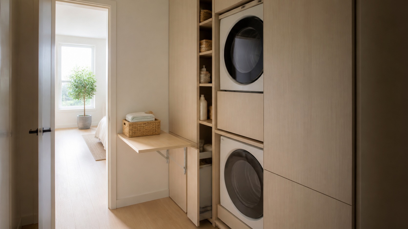 Modern laundry room illustrating small-room storage with clear work zones and restrained materials
