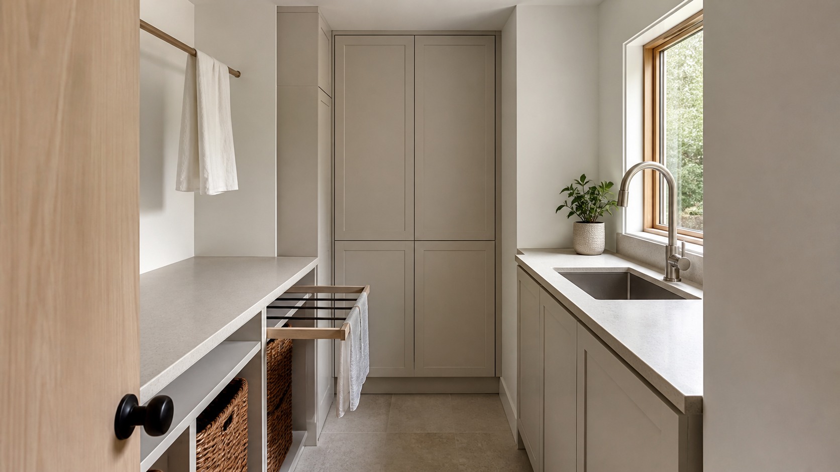 Modern laundry room illustrating full compact setup with clear work zones and restrained materials