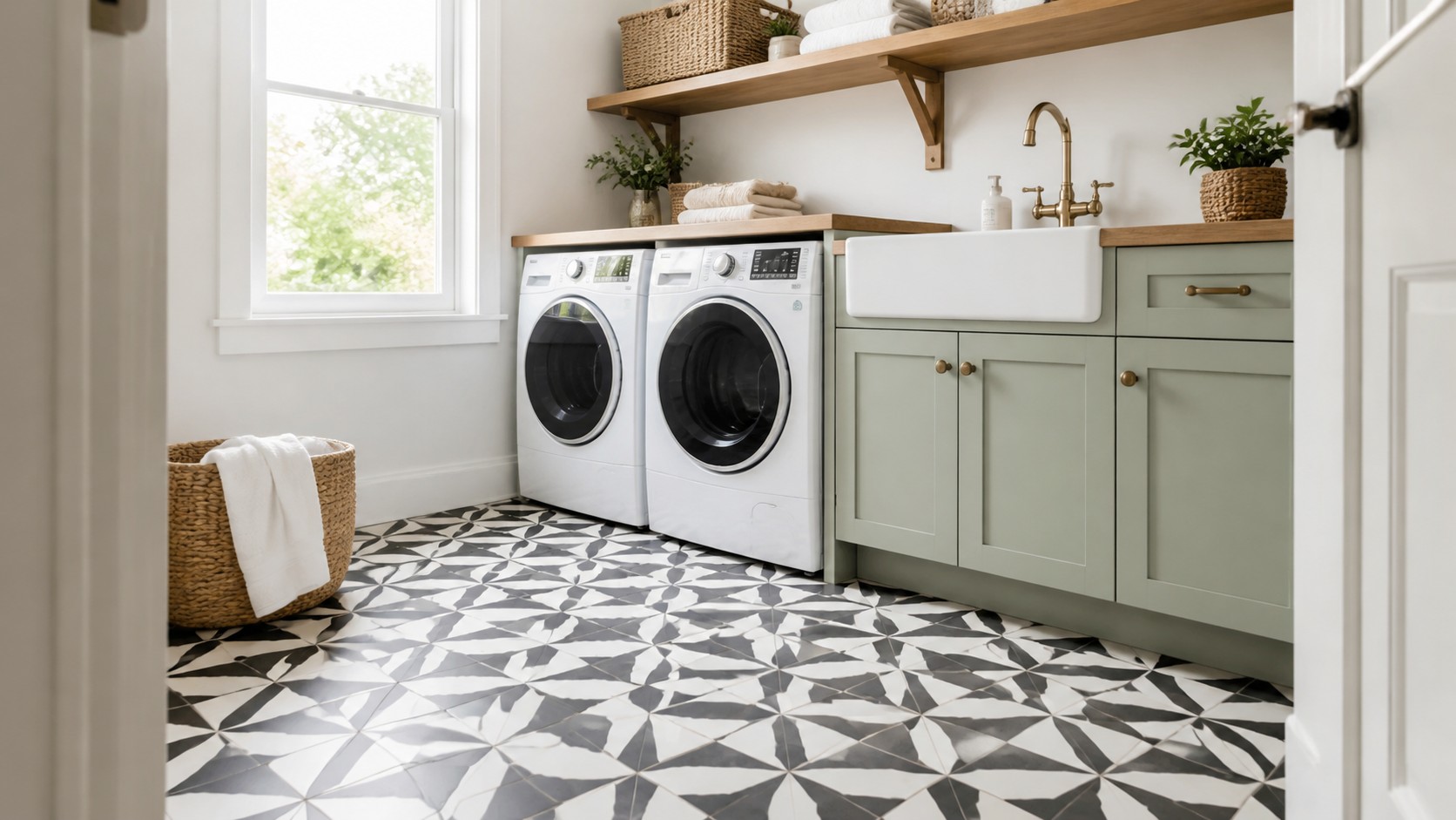 Laundry room with bold geometric tile floor, front load machines, green cabinetry, wood shelving, and utility sink.