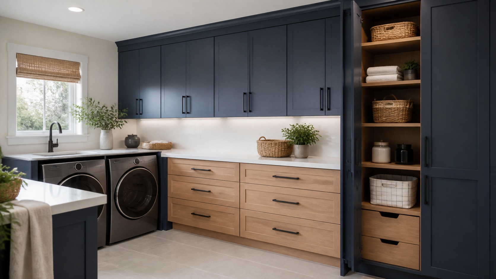 Modern laundry room with deep blue cabinets, oak drawers, and organized built-in storage
