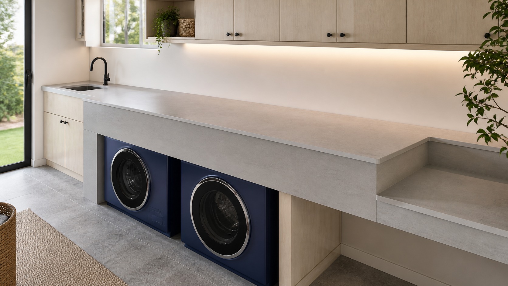 Modern laundry room with a long supported folding and sorting countertop