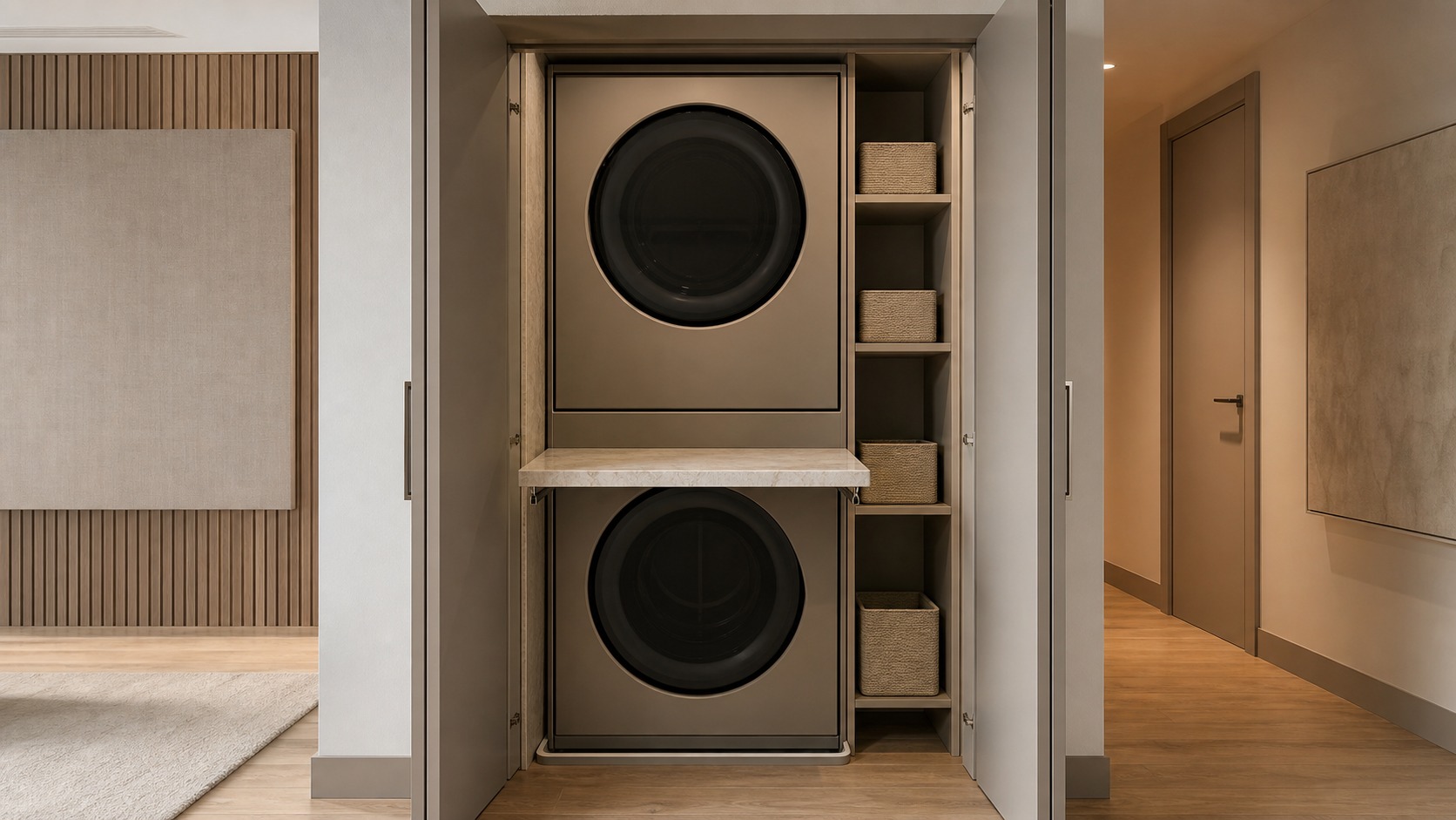 Compact modern condo laundry alcove with stacked appliances and shallow storage