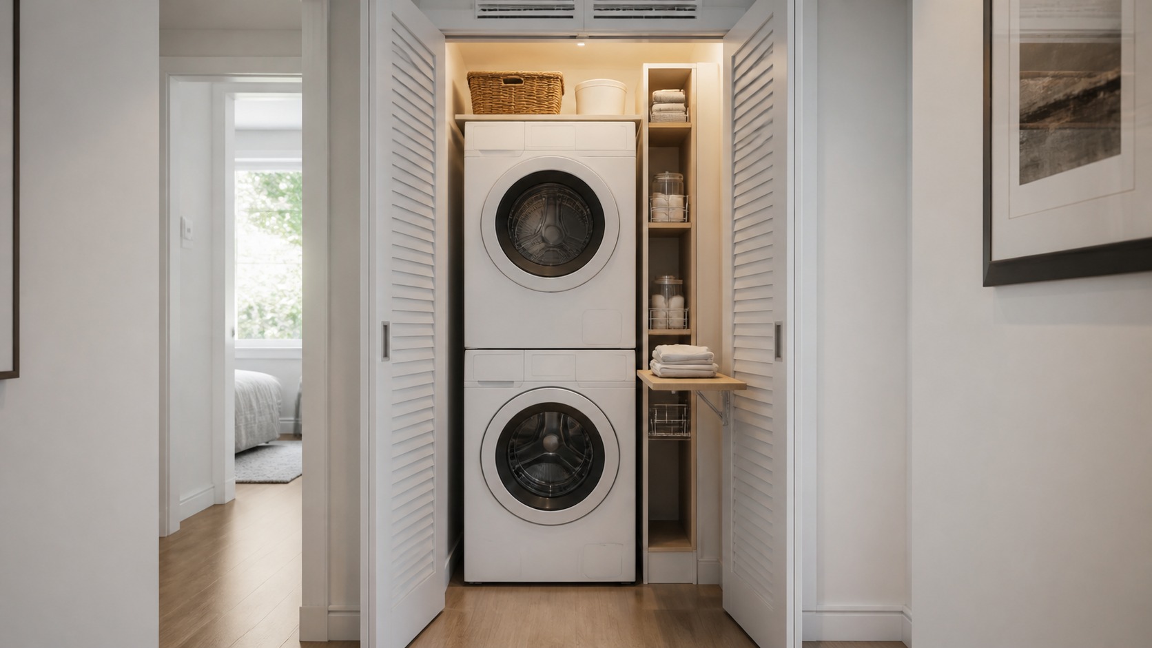 Tiny modern laundry closet with stacked blank-front appliances and ventilated pocket doors