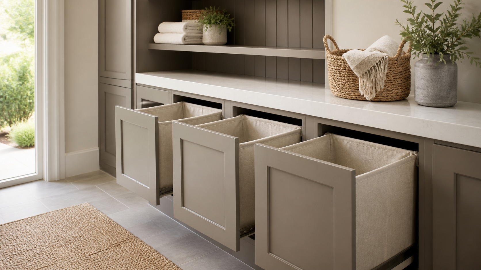 Modern laundry room illustrating built-in hampers with clear work zones and restrained materials