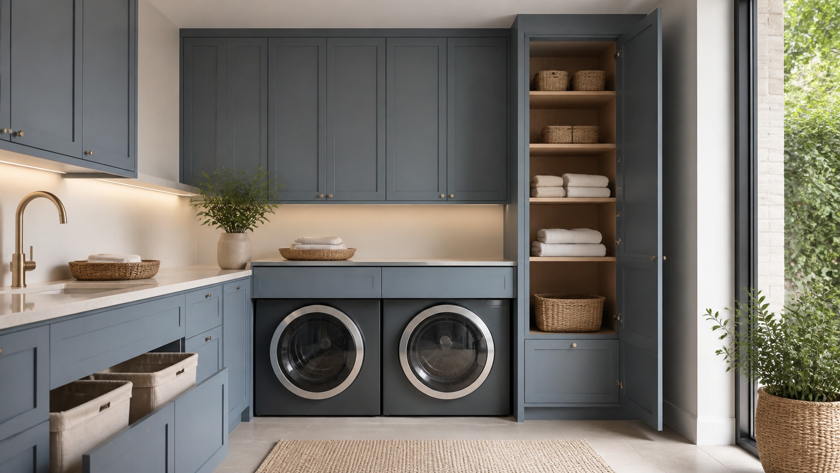Modern laundry room illustrating closed cabinetry with clear work zones and restrained materials