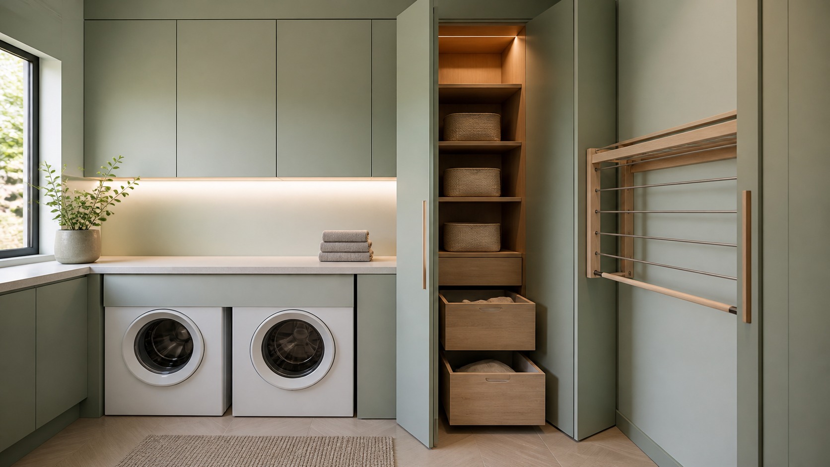 Modern laundry room with seamless cabinetry and hidden pullout storage