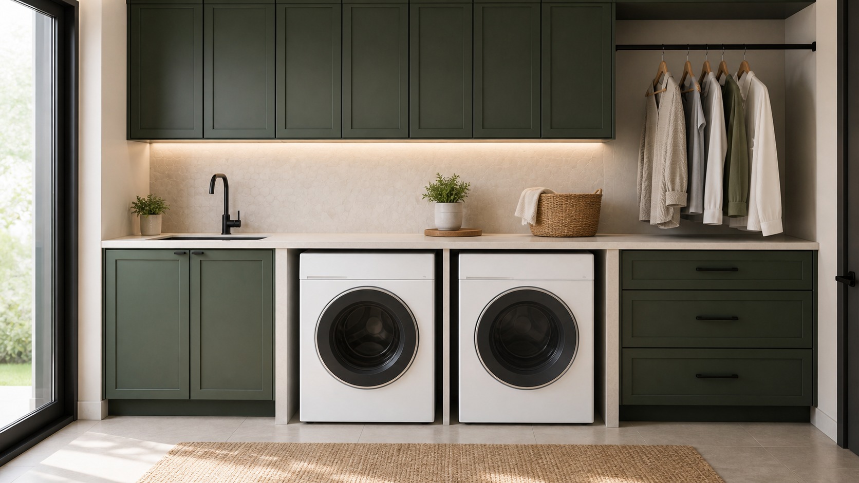 Modern laundry room with side-by-side washer and dryer beneath a continuous folding counter