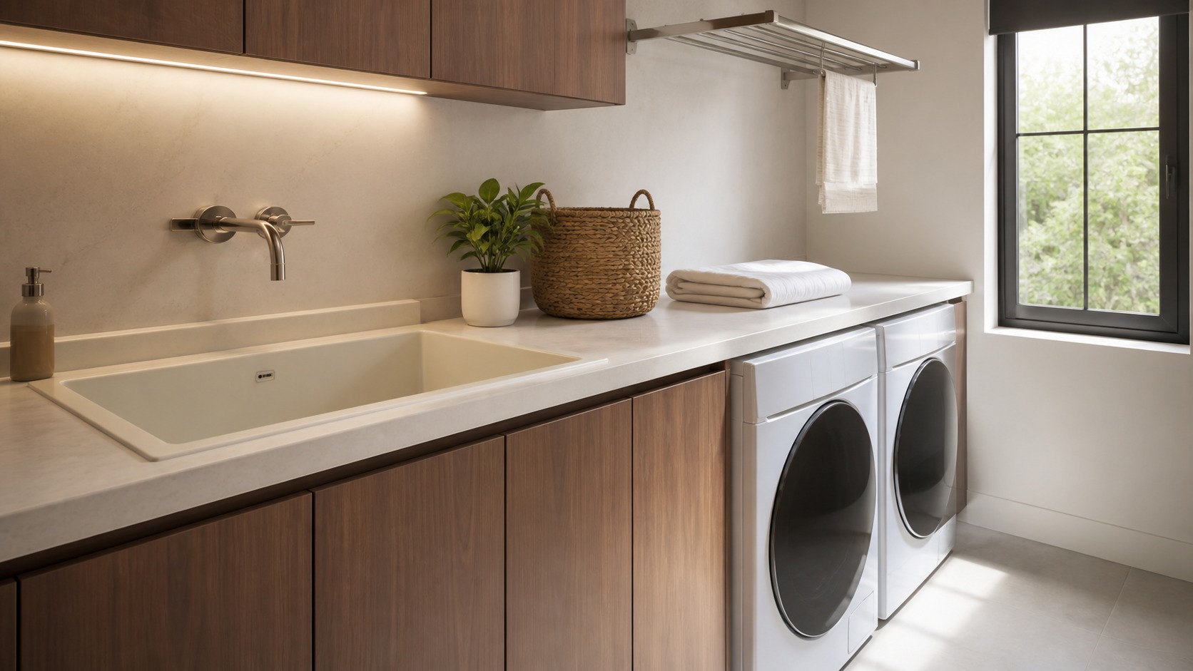 Modern laundry room with a deep integrated sink and long waterfall-edge folding counter