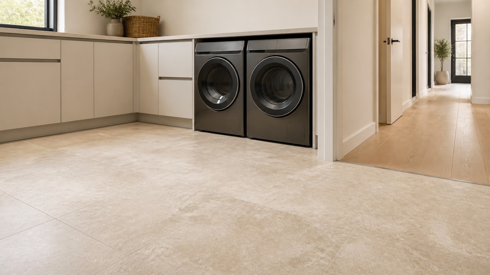 Modern laundry room with large-format limestone-look porcelain flooring and a flush hallway transition