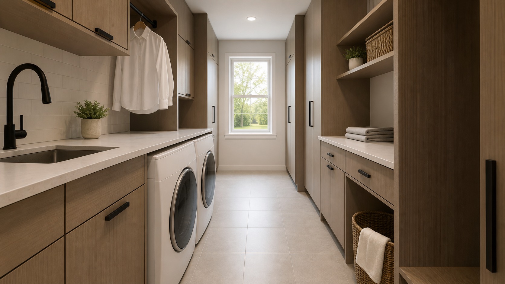 Modern galley laundry room with a central clear aisle and distinct washing, drying, and folding zones