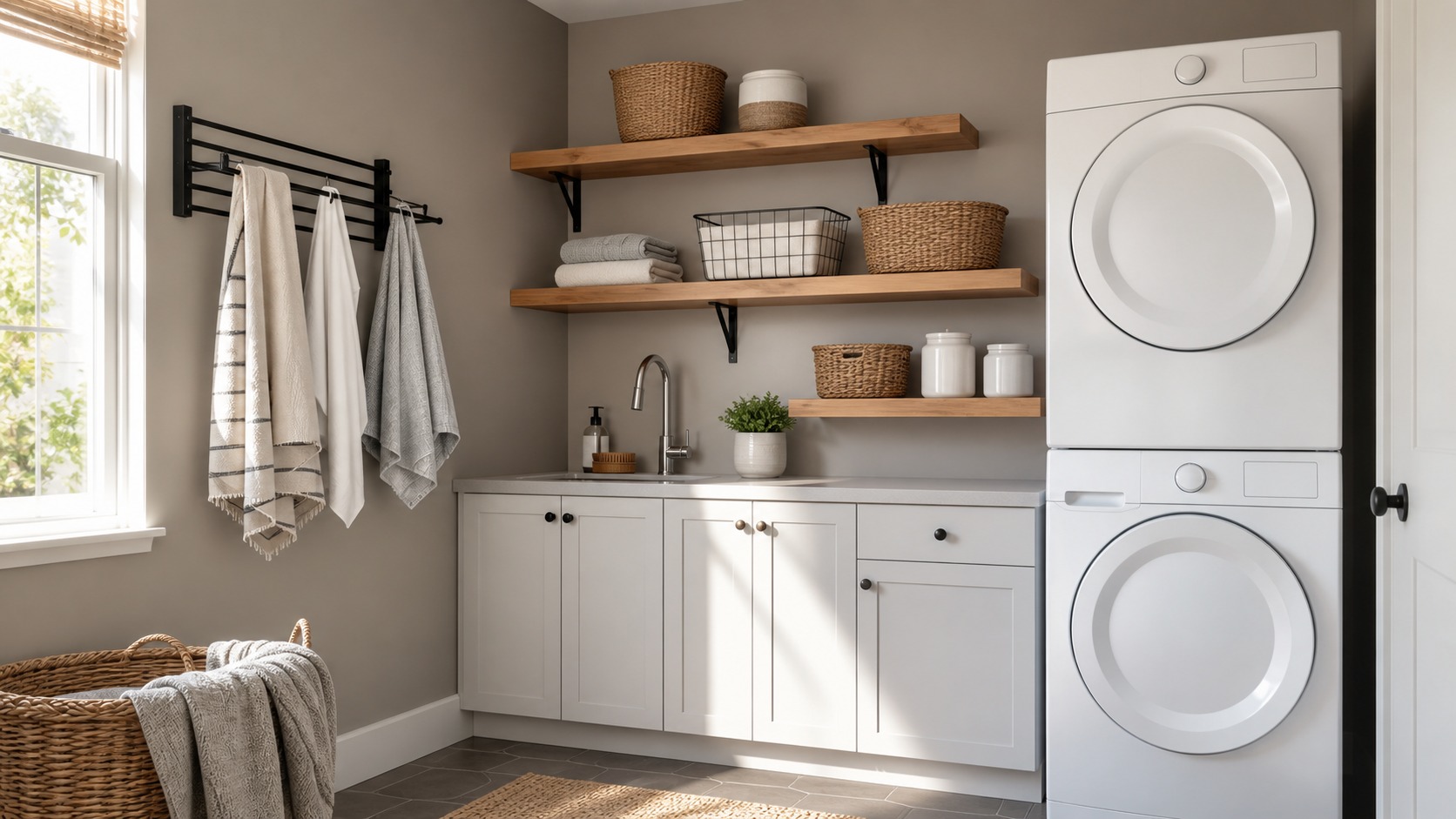 Modern laundry room with asymmetrical oak shelves, sorted baskets, and a wall-mounted drying rail