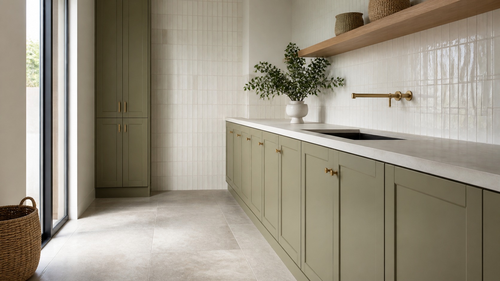 Modern laundry room illustrating laundry tile with clear work zones and restrained materials