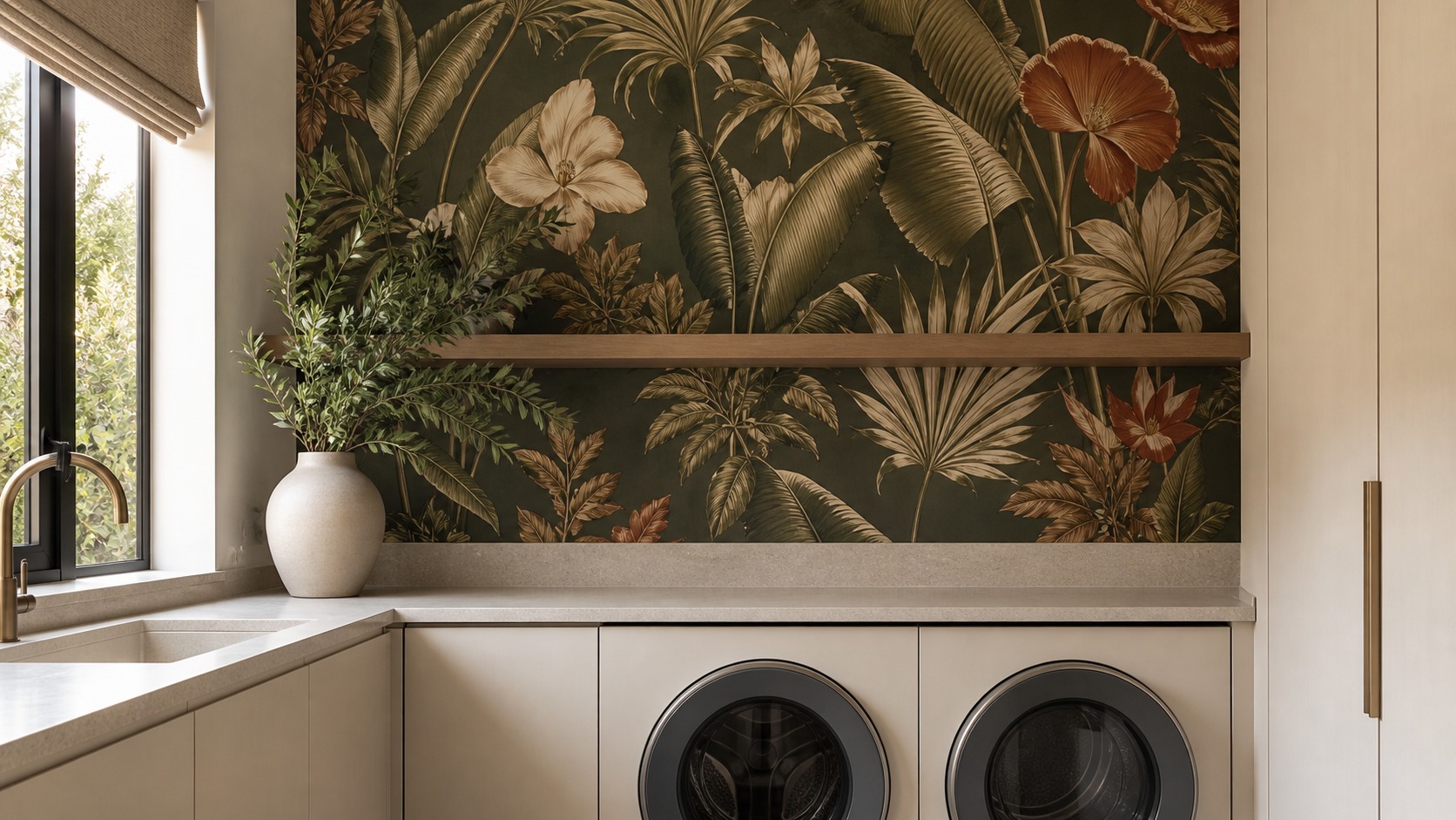 Modern laundry room illustrating laundry wallpaper with clear work zones and restrained materials
