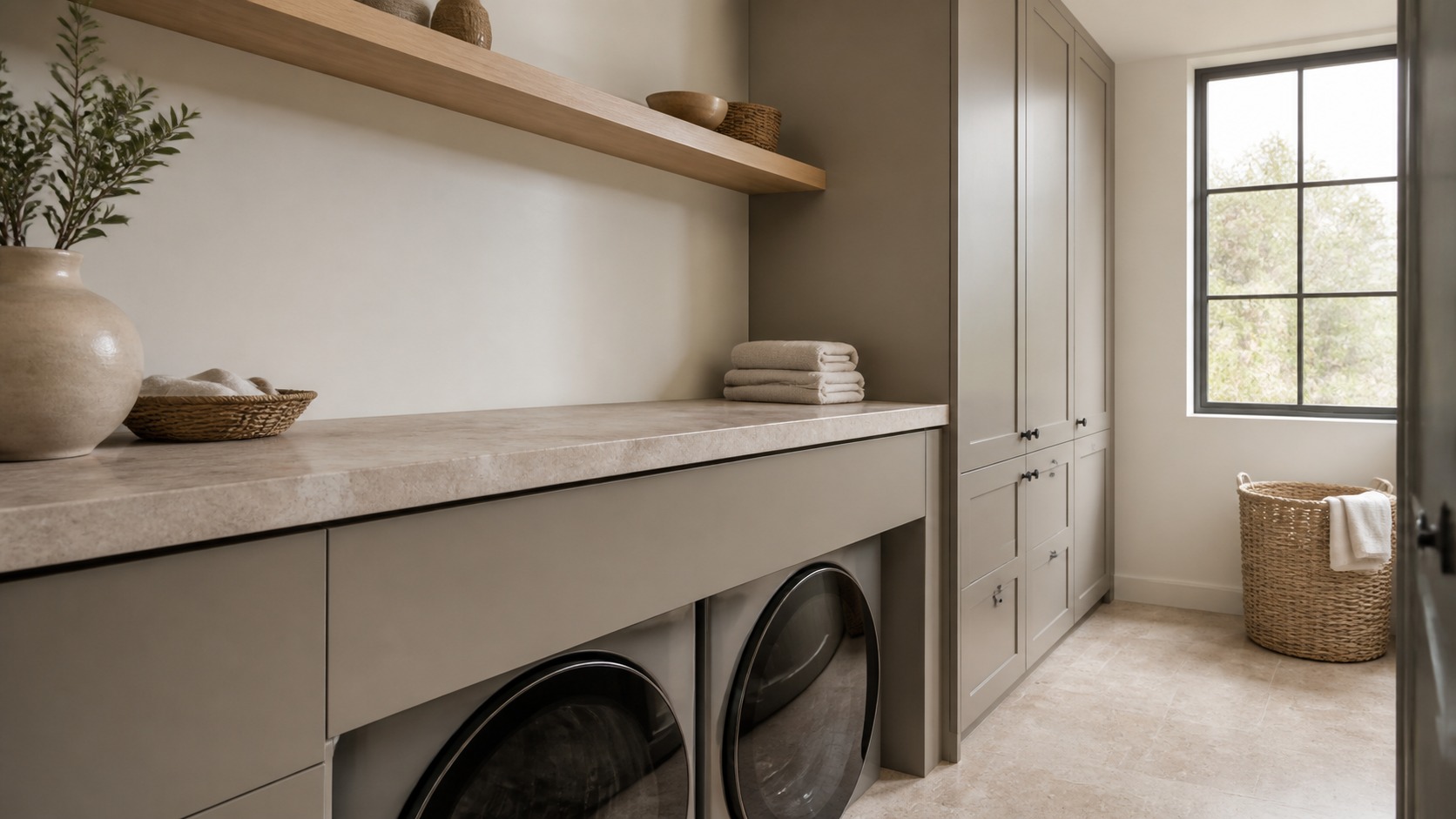 Modern laundry room illustrating neutral palette with clear work zones and restrained materials