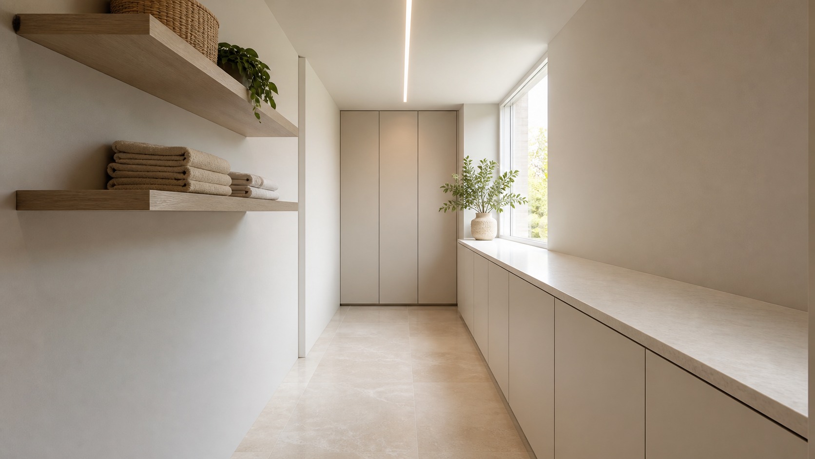 Modern laundry room illustrating long narrow layouts with clear work zones and restrained materials