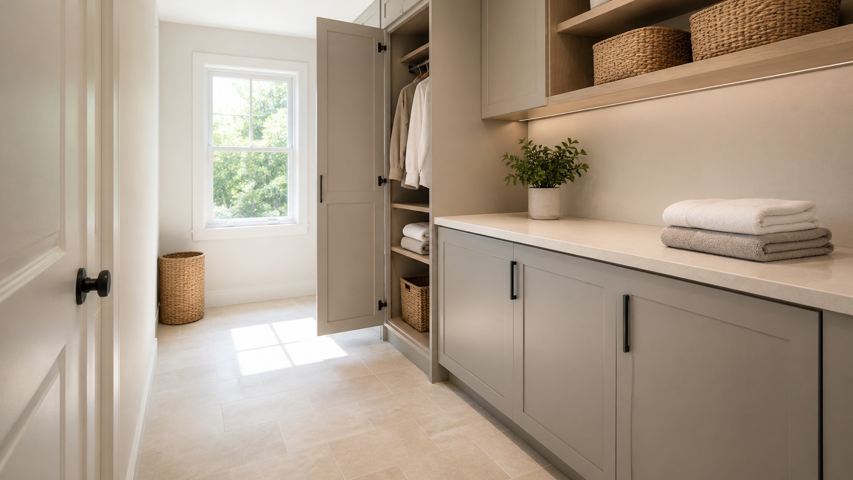 Modern laundry room illustrating compact layout mistakes with clear work zones and restrained materials