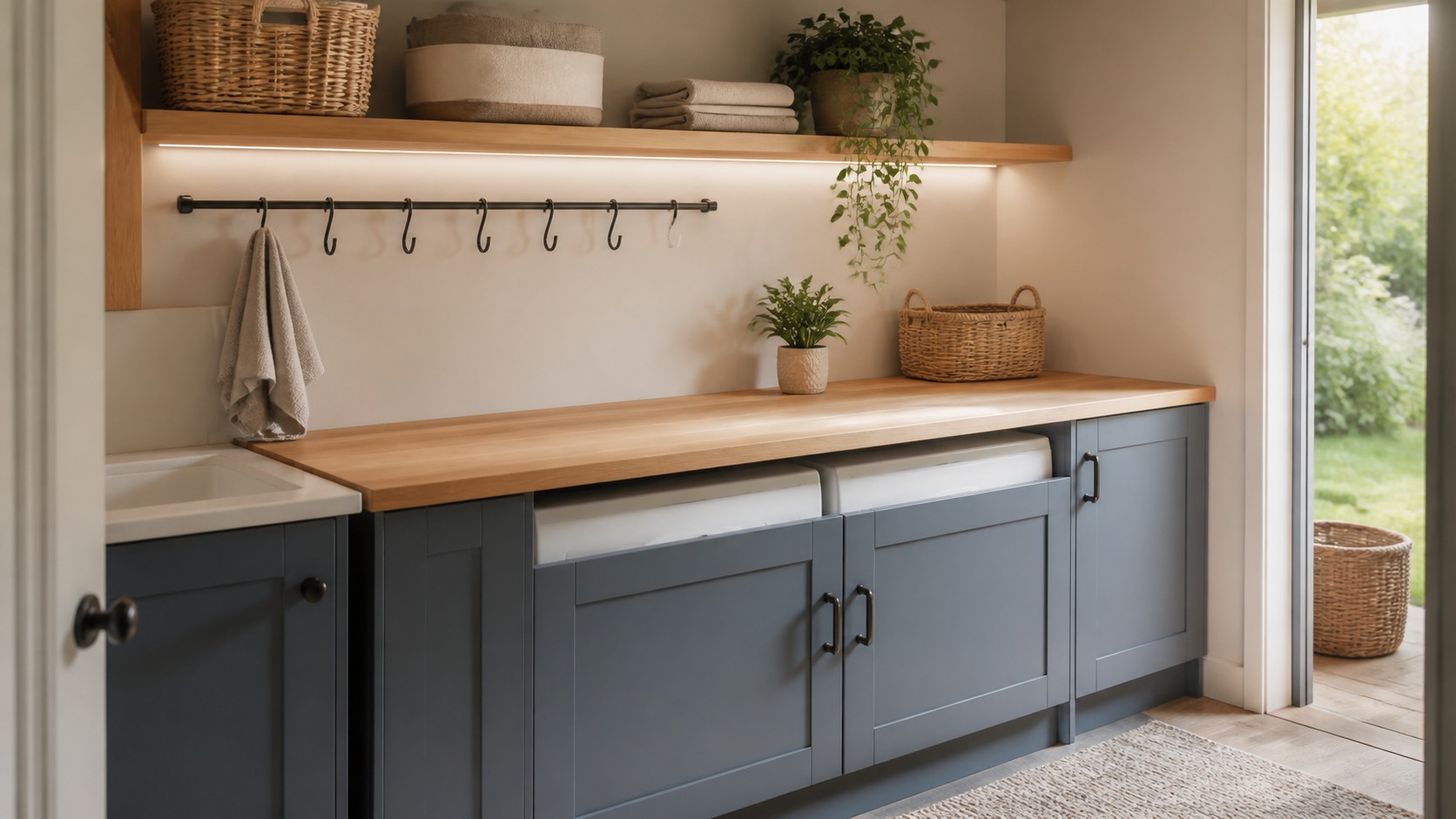 Modern laundry room illustrating small makeover with clear work zones and restrained materials