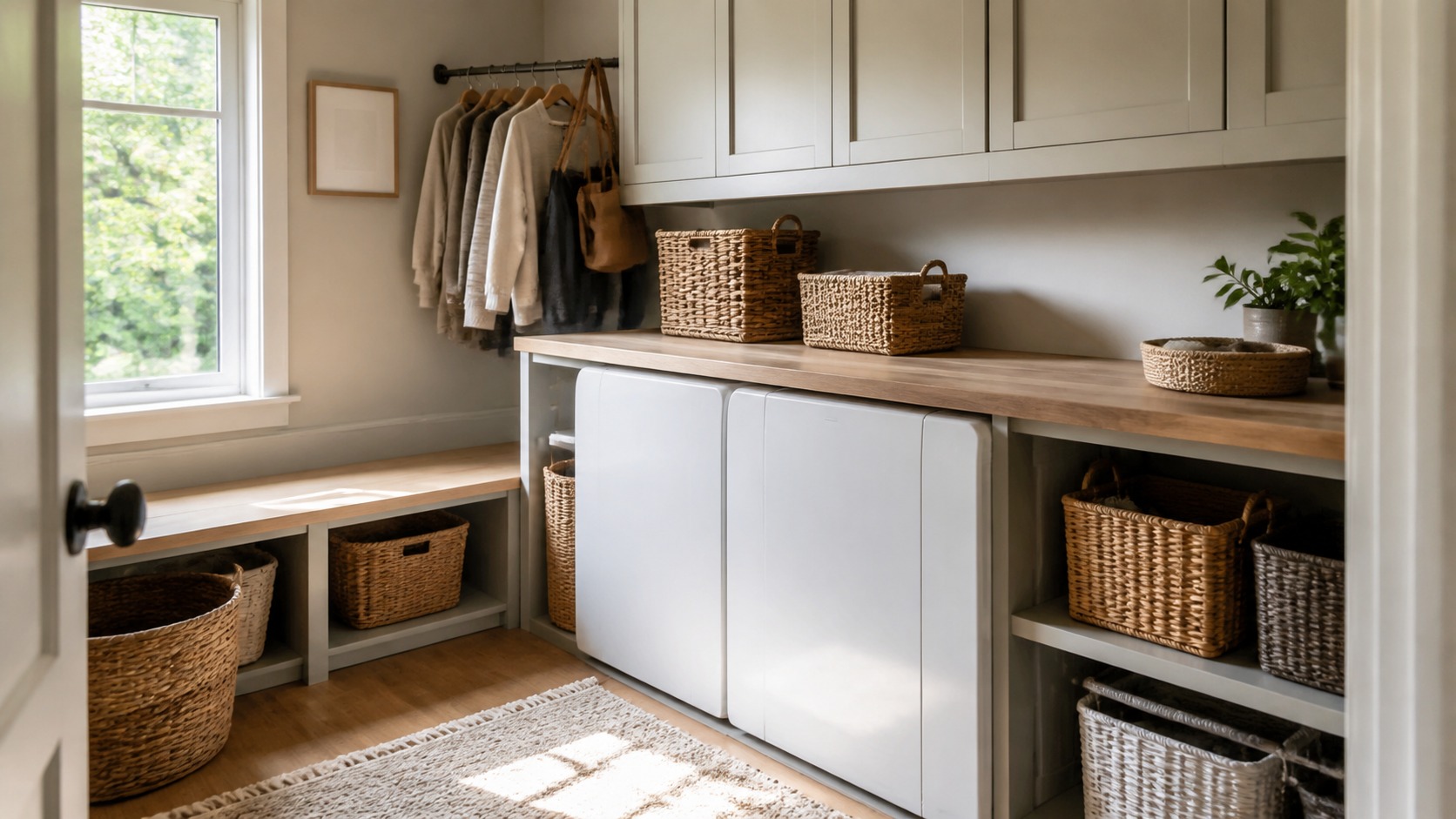 Modern laundry room illustrating small family system with clear work zones and restrained materials