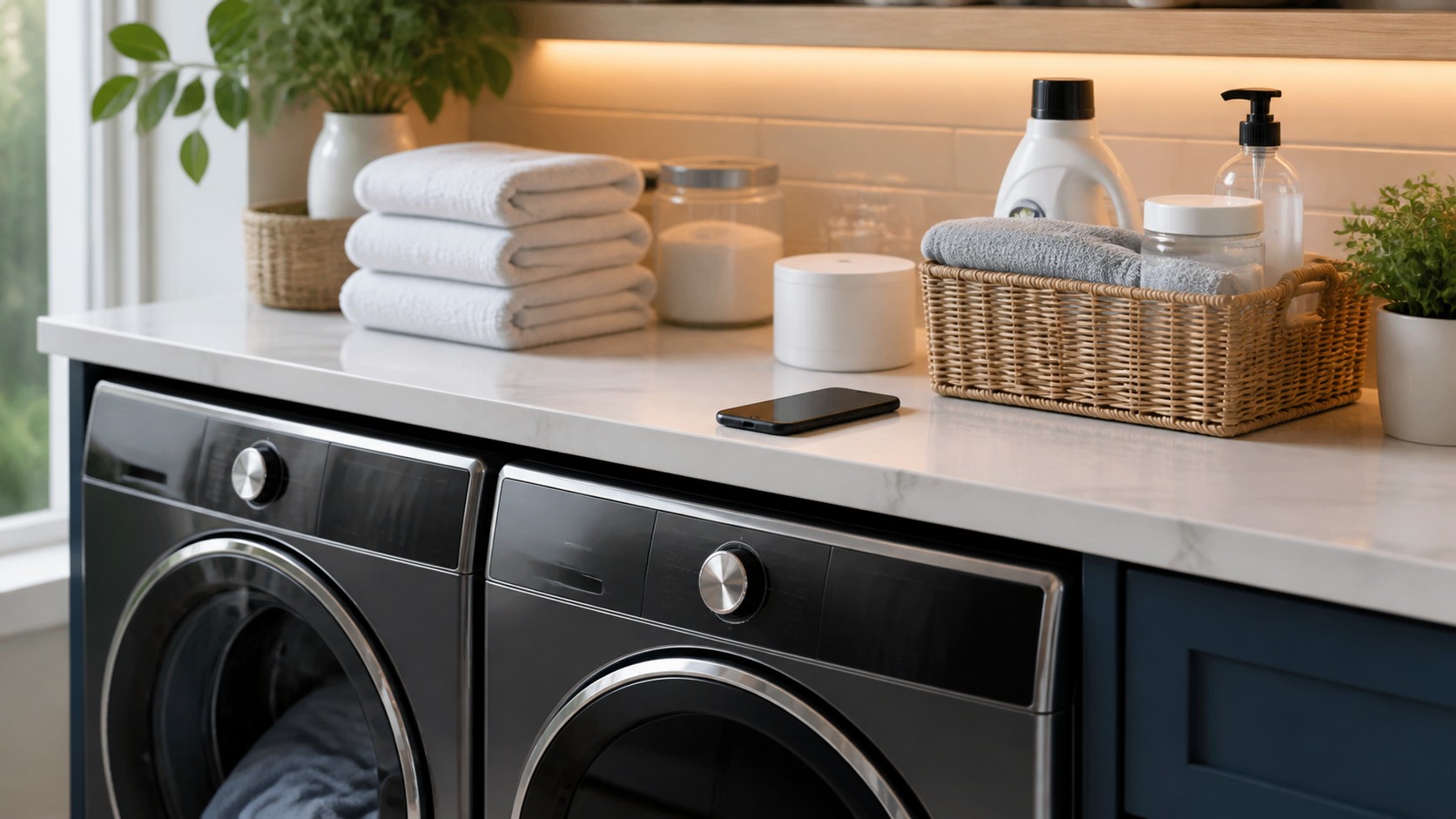 Organized laundry room with connected washer and dryer, subtle phone nearby, shelves, towels, and baskets with no readable text.