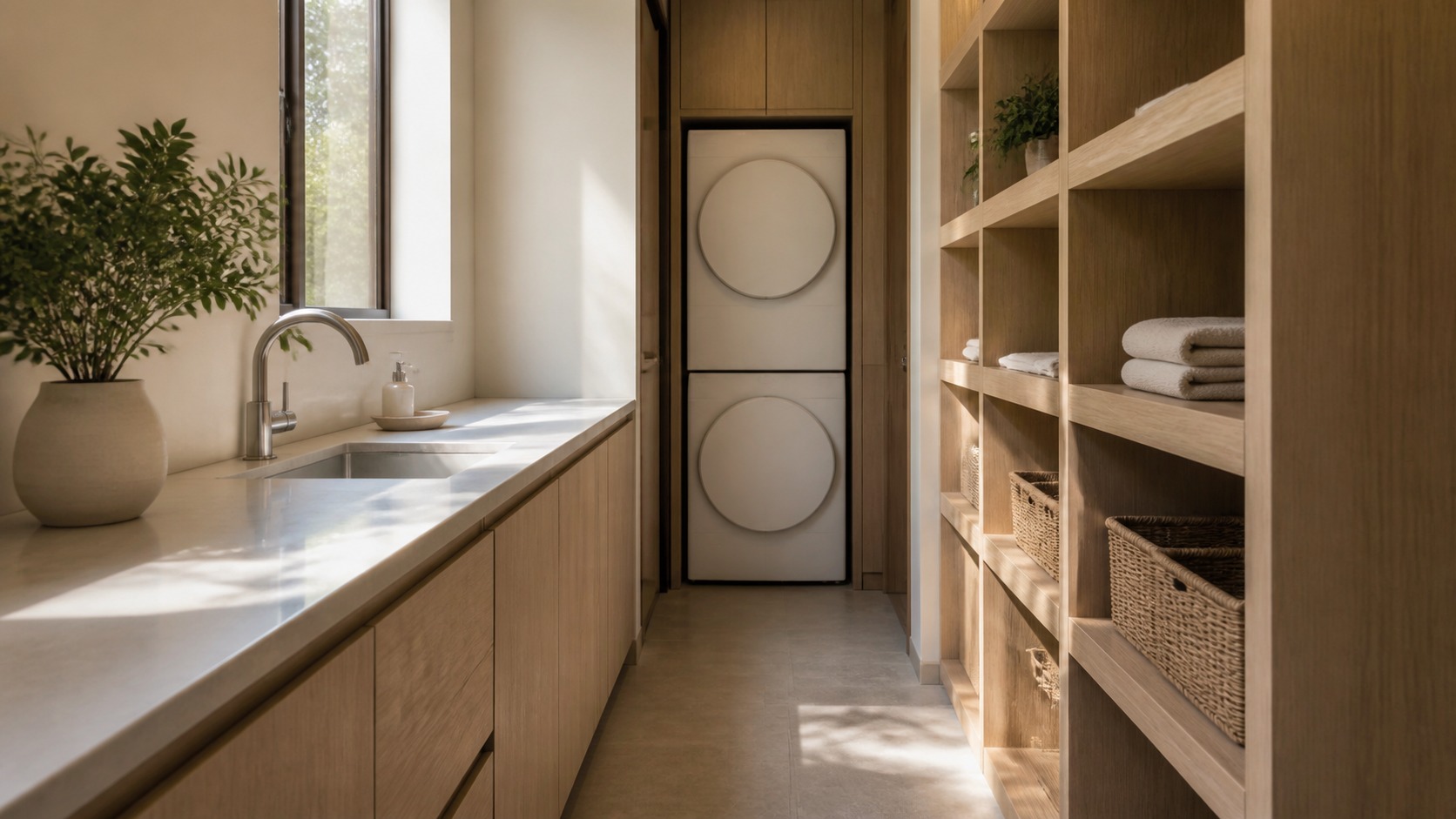 Modern laundry room illustrating smart compact layouts with clear work zones and restrained materials