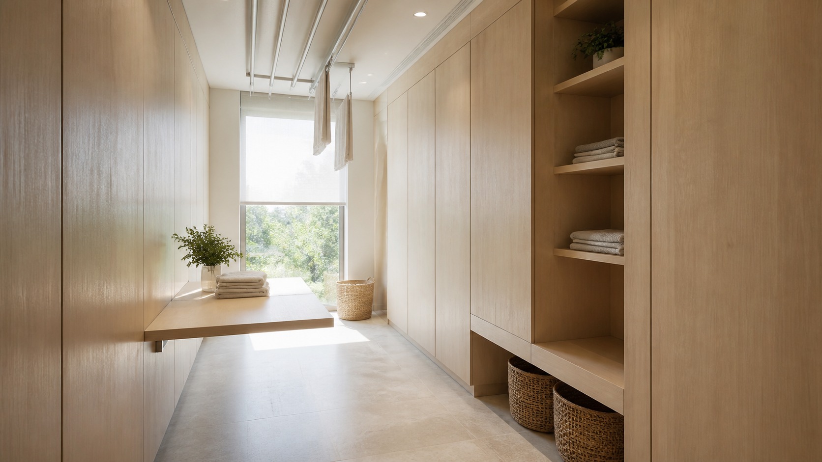 Modern laundry room illustrating space-saving layouts with clear work zones and restrained materials