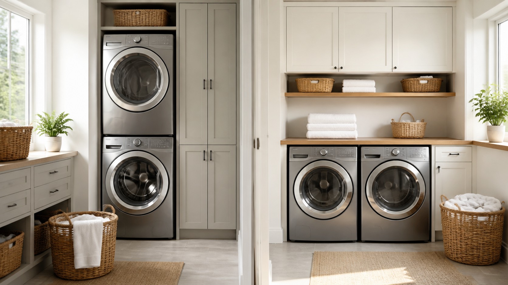 Laundry room comparison scene with a stacked washer dryer on one side and side by side machines with a counter on the other.
