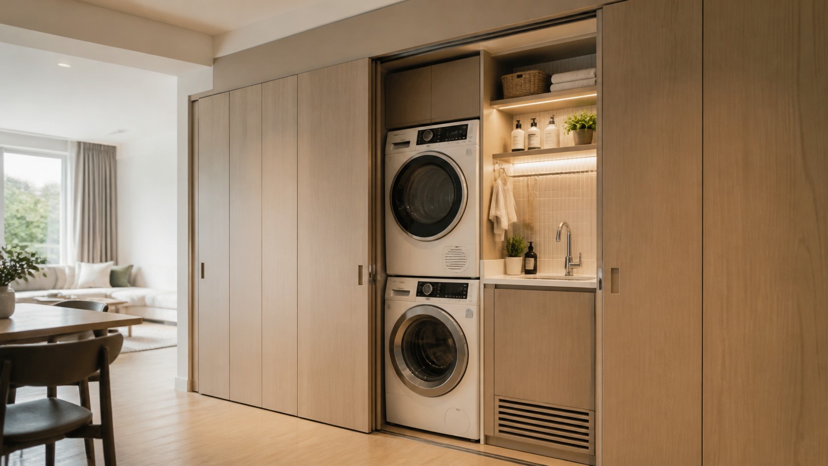 Built-in wall with pocket doors open to reveal a stacked washer dryer, compact sink, shelves, and warm task lighting.