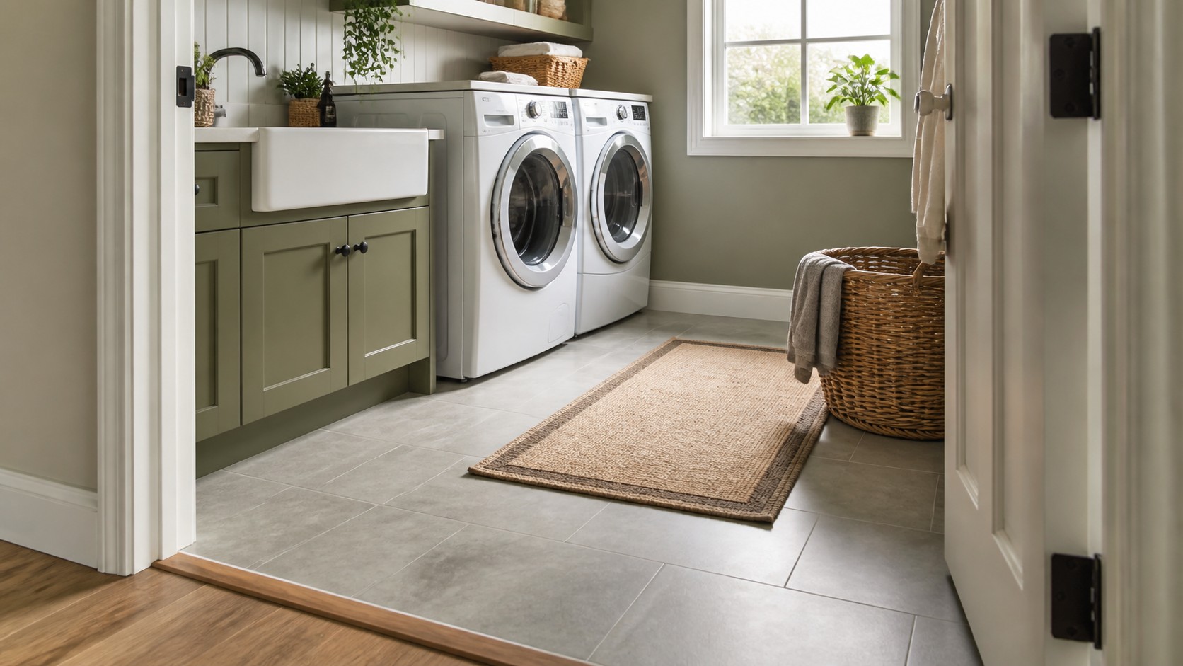 Laundry room doorway with matte stone-look floor, washable runner, utility sink, front load appliances, and wood floor transition.
