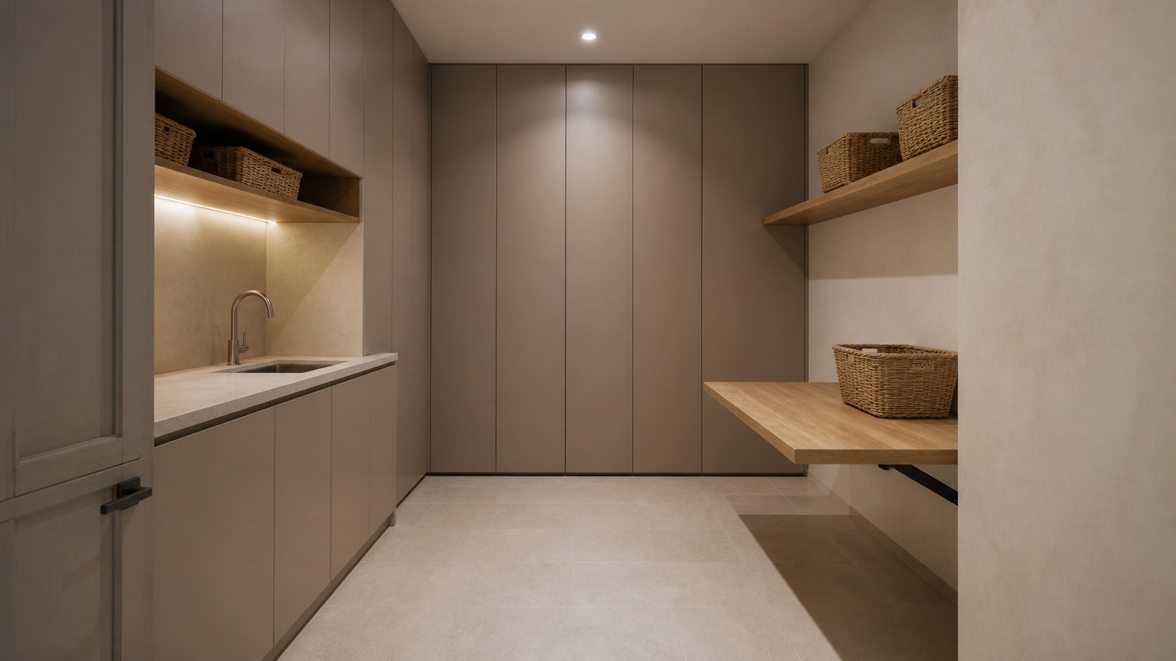 Modern laundry room illustrating compact planning guide with clear work zones and restrained materials
