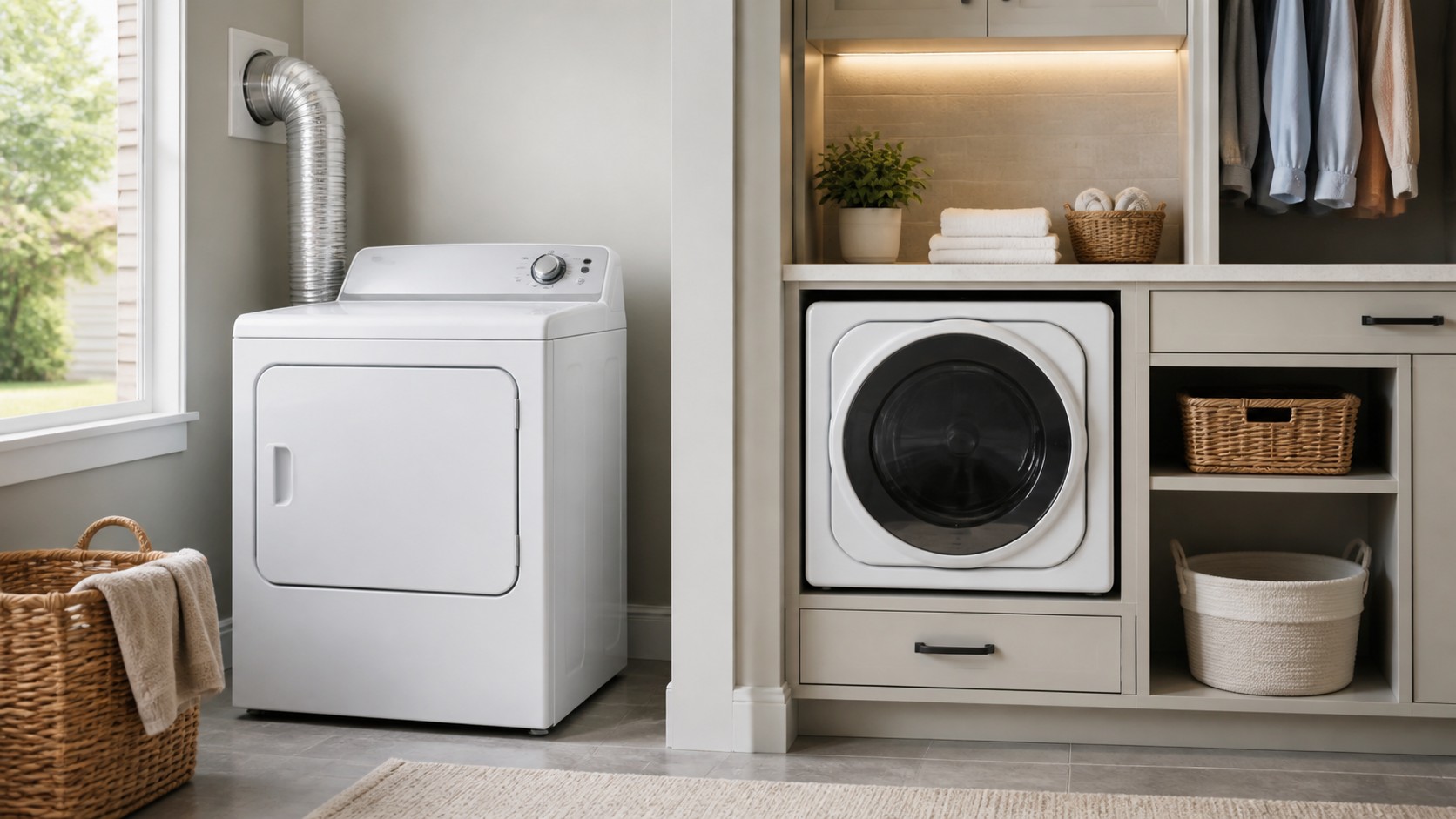 Laundry room showing one dryer with a clean wall vent duct and another compact dryer built into cabinetry without a duct.