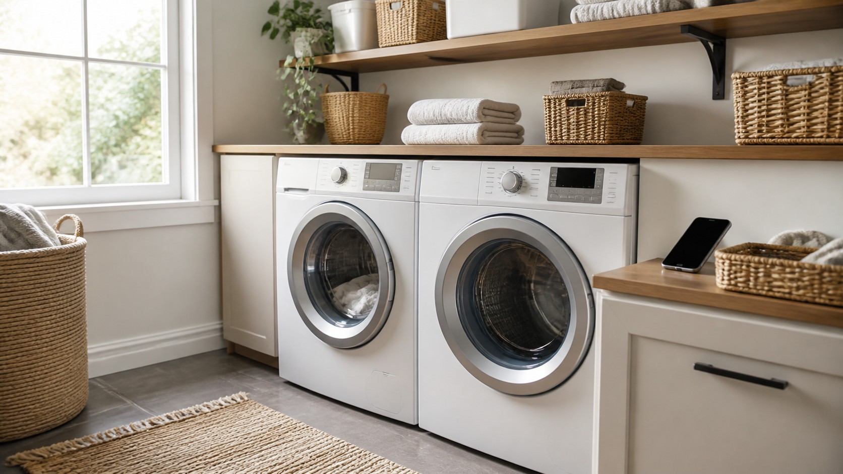 Bright home laundry room with connected washer and dryer, phone on counter, baskets, and clean shelves without readable screens.