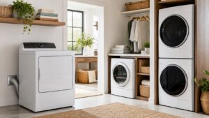 Bright laundry room with several dryer styles shown in separate practical zones without logos or readable text.