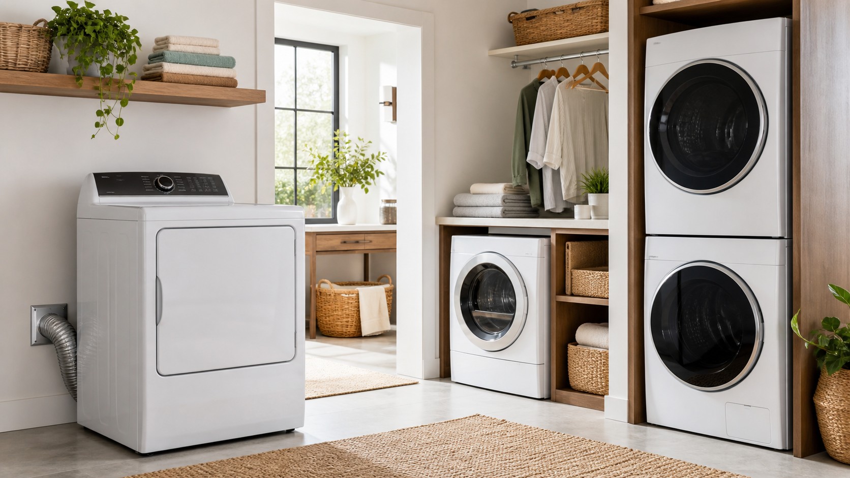 Bright laundry room with several dryer styles shown in separate practical zones without logos or readable text.