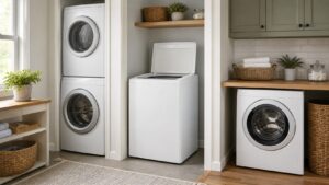 Bright laundry room showing a stacked laundry tower, top load washer, and front load washer in separate niches.
