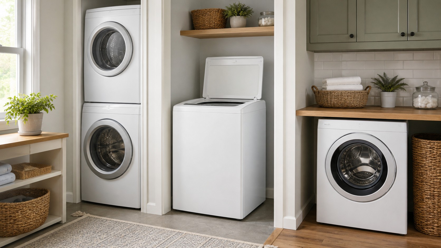 Bright laundry room showing a stacked laundry tower, top load washer, and front load washer in separate niches.