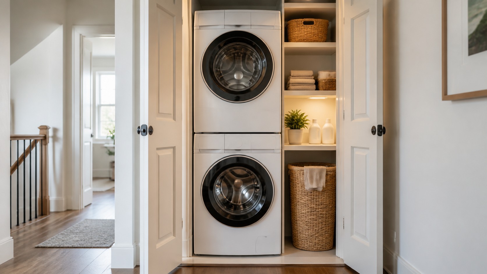 Stackable washer and dryer installed in a clean laundry closet with shelves, baskets, and open doors.
